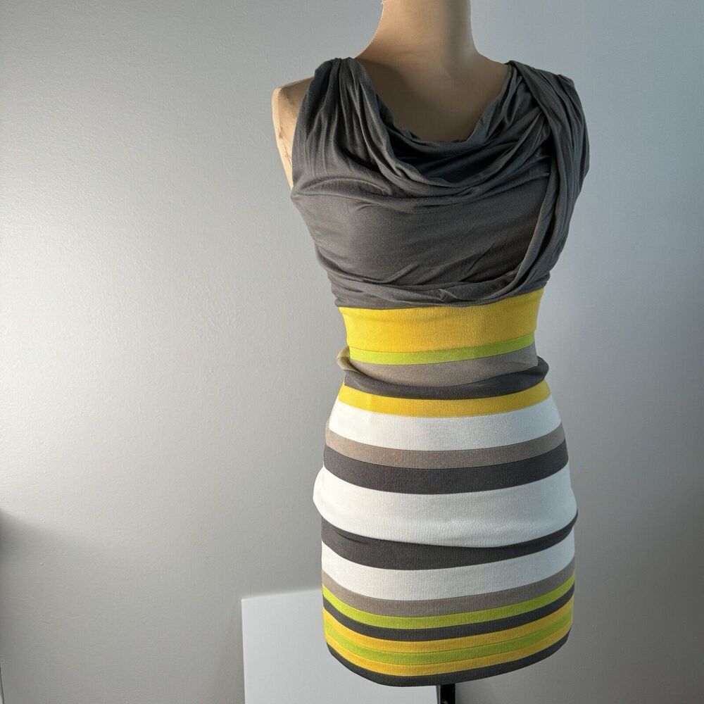 Karen Millen Striped Yellow White Gray Stretch Stripe Stripes Dress Size 1 XXS